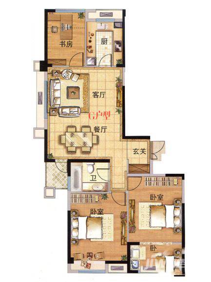 雅盛嘉园3室2厅1卫132㎡户型图