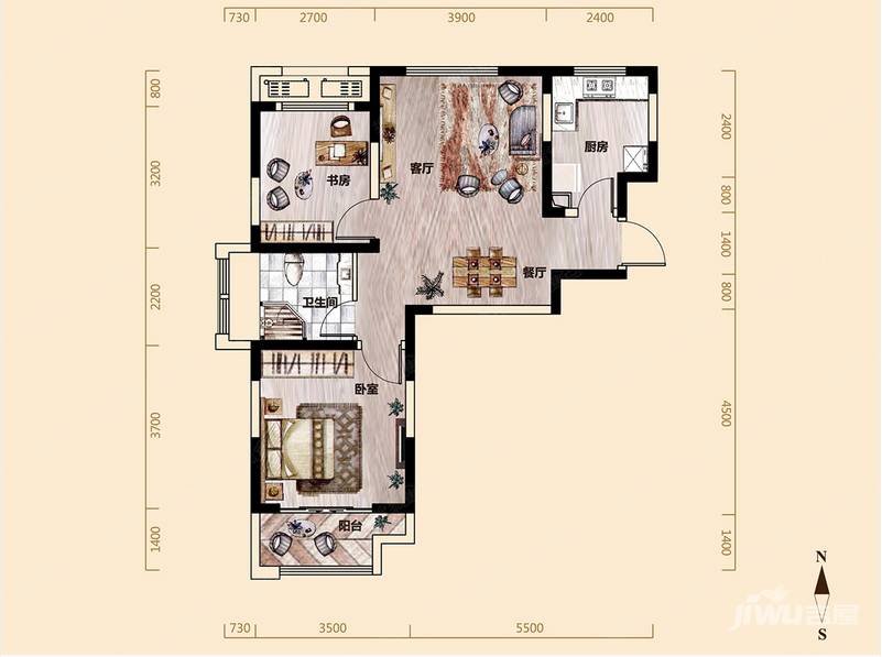 晟世珑庭2室2厅1卫90㎡户型图