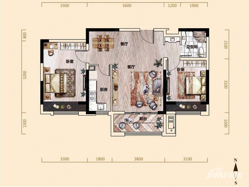 晟世珑庭2室2厅1卫90㎡户型图