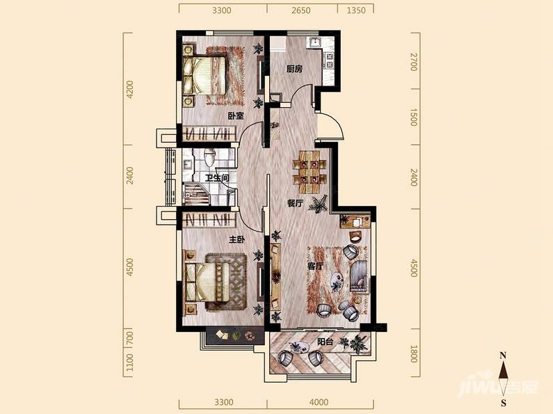 晟世珑庭2室2厅1卫90㎡户型图