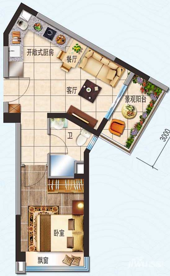 阳江碧桂园月亮湾1室2厅1卫40㎡户型图