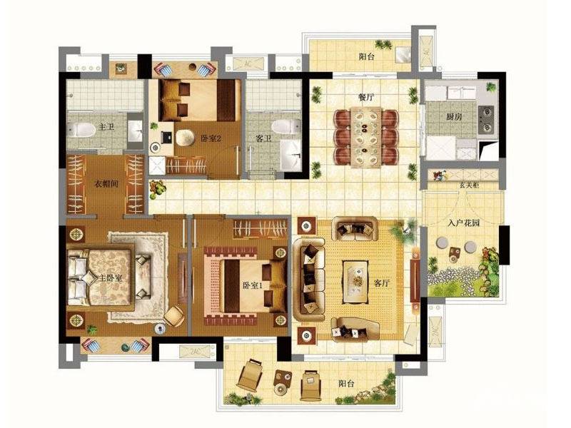 广州绿地城3室2厅2卫125㎡户型图