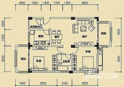 帅旗紫晶悦城2室2厅1卫86.8㎡户型图