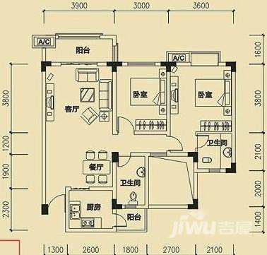 帅旗紫晶悦城2室2厅2卫96.4㎡户型图