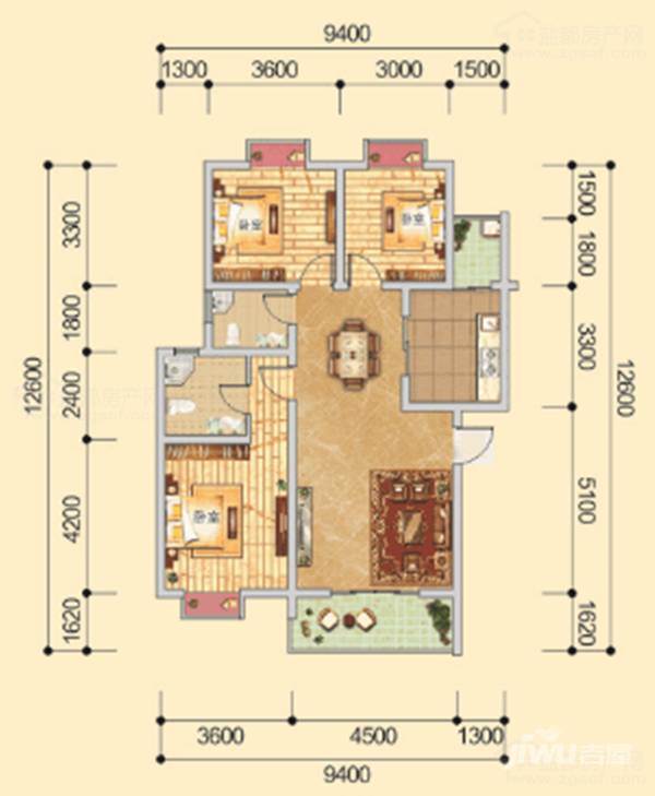 汇金花园3室2厅2卫108㎡户型图