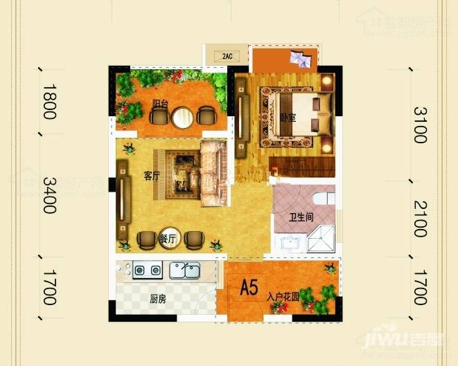 和润小筑1室1厅1卫47.6㎡户型图