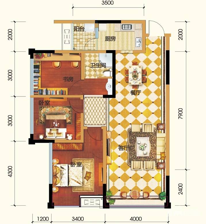 星河金河湾3室2厅1卫110㎡户型图