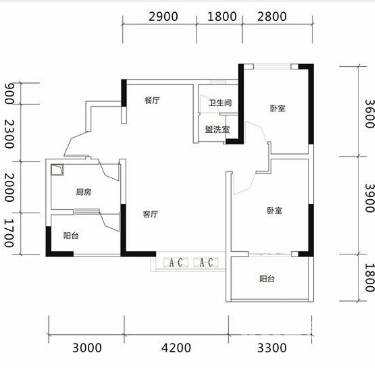 北湖中央公园2室2厅1卫77㎡户型图