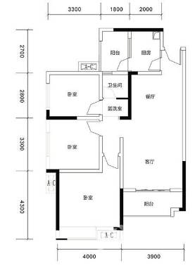 北湖中央公园3室2厅1卫92㎡户型图