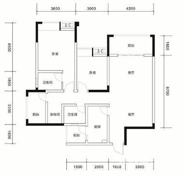 北湖中央公园3室2厅2卫96㎡户型图