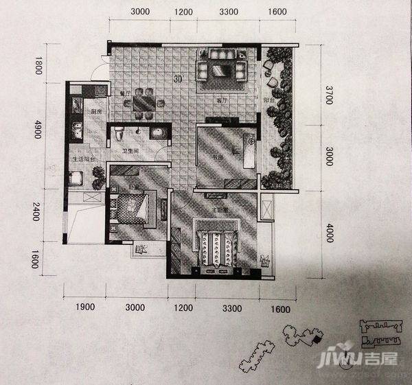 紫檀国际广场3室2厅1卫102.4㎡户型图