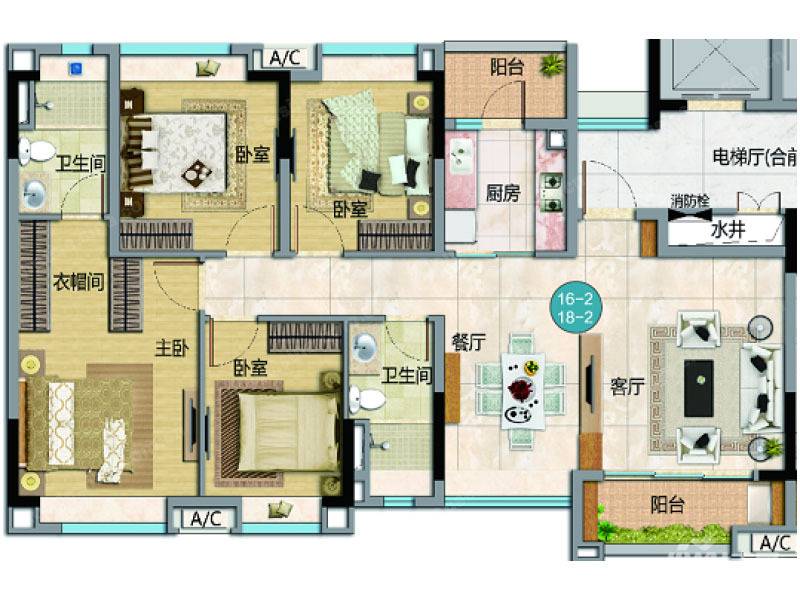 雅居乐万科热橙4室2厅2卫125㎡户型图