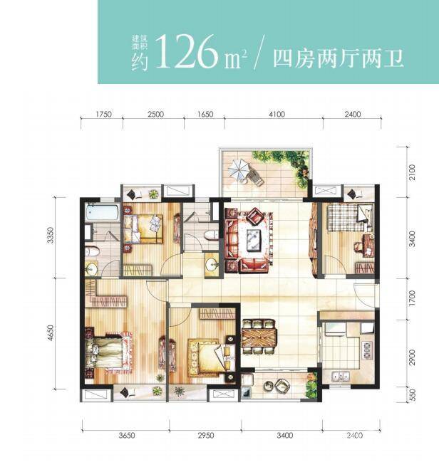 时代香海彼岸4室2厅2卫126㎡户型图