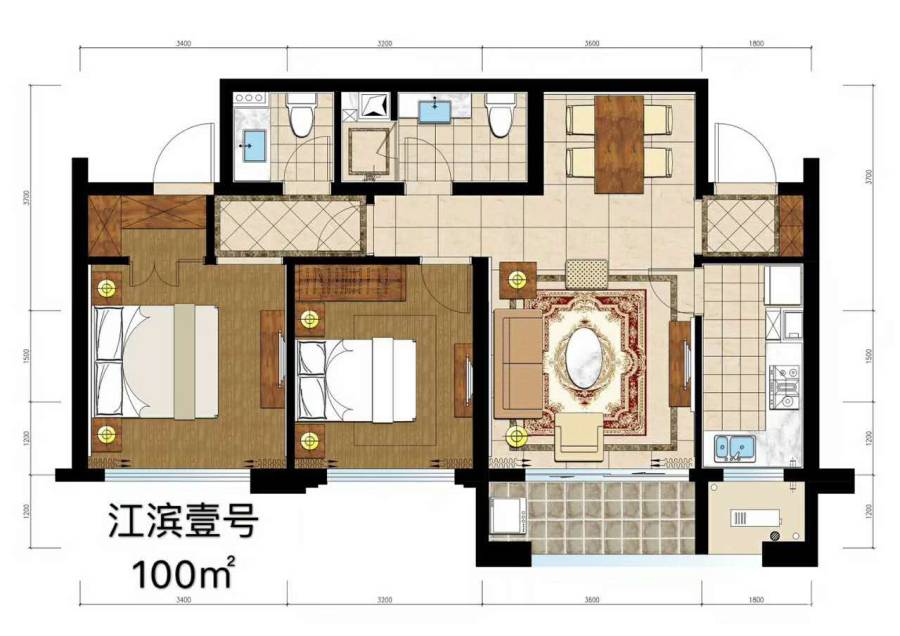 江滨壹号2室2厅2卫100㎡户型图