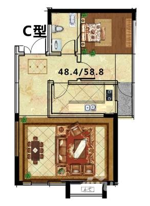 东申滨江丽景1室1厅1卫48.4㎡户型图