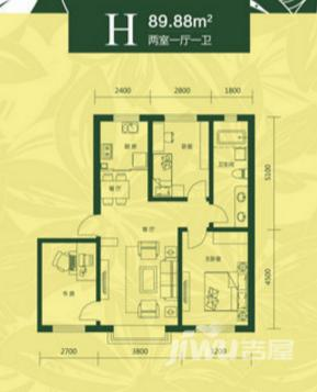 水木山城三期2室1厅1卫89.9㎡户型图