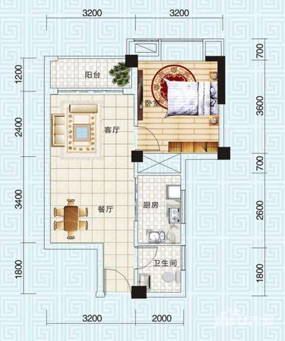 北湖轩1室2厅1卫50㎡户型图