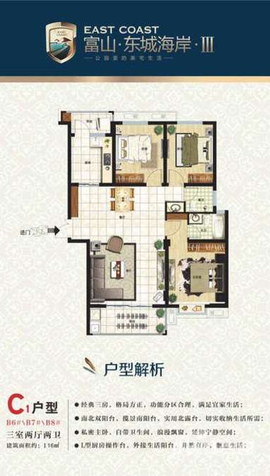 富山东城海岸3室2厅2卫116㎡户型图