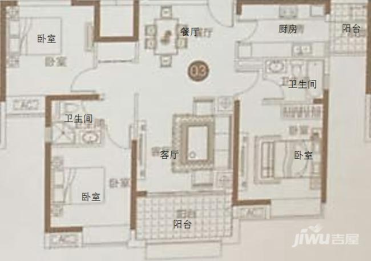 珠水豪庭3室2厅2卫121㎡户型图