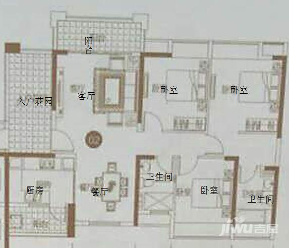 珠水豪庭3室2厅1卫120㎡户型图