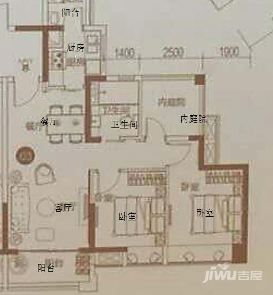 珠水豪庭2室2厅1卫86㎡户型图