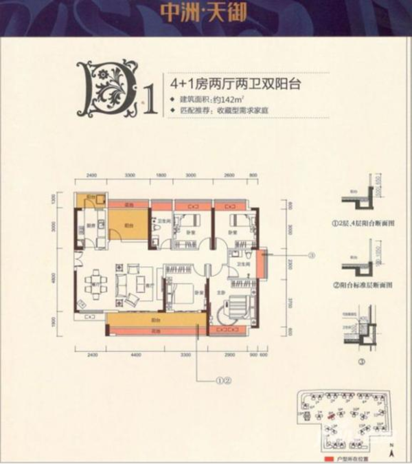 中洲天御4室2厅2卫142㎡户型图