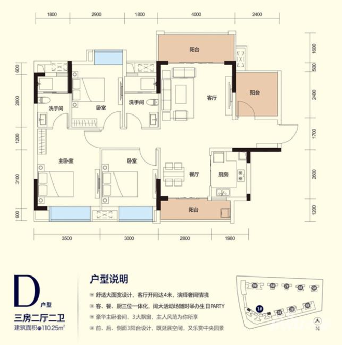 福晟钱隆樽品花园3室2厅2卫110㎡户型图