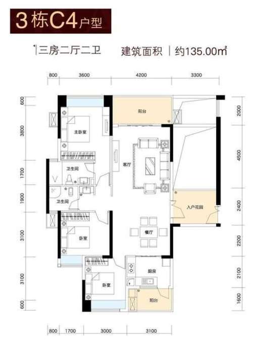 美的云熙府3室2厅2卫135㎡户型图