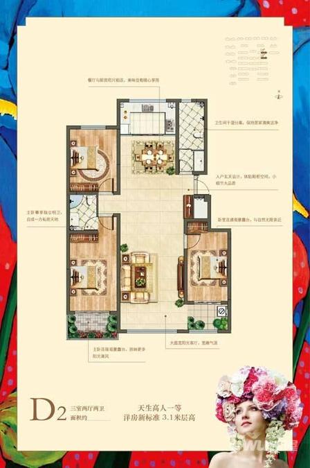 万城花开3室2厅2卫125㎡户型图