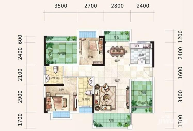 庞源御蓝湾2室2厅2卫102㎡户型图