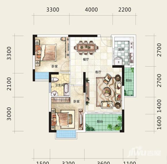 庞源御蓝湾2室2厅1卫80㎡户型图