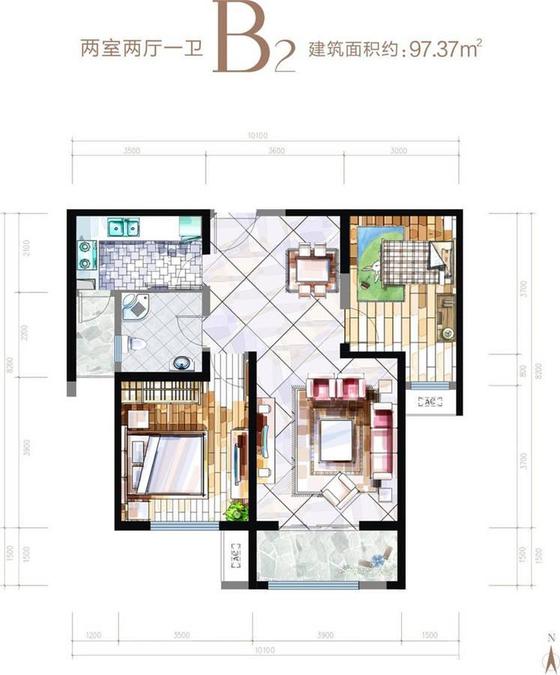 华安紫竹苑2室2厅1卫97.4㎡户型图