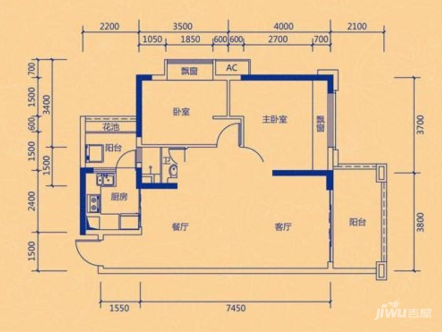 山林湖2室2厅1卫82㎡户型图