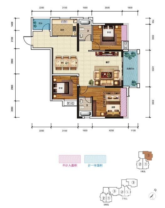 西城公馆3室2厅2卫129㎡户型图