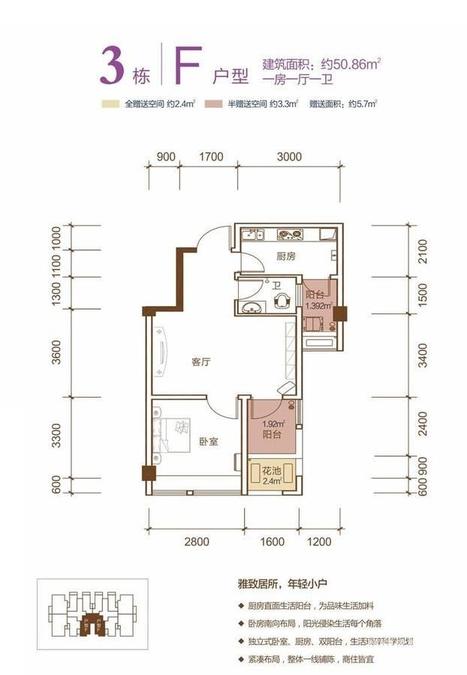 华盛世纪新城1室1厅1卫50.9㎡户型图