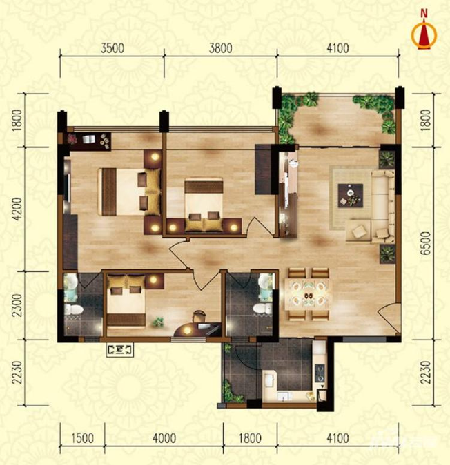 君安峰景湾3室2厅2卫96㎡户型图