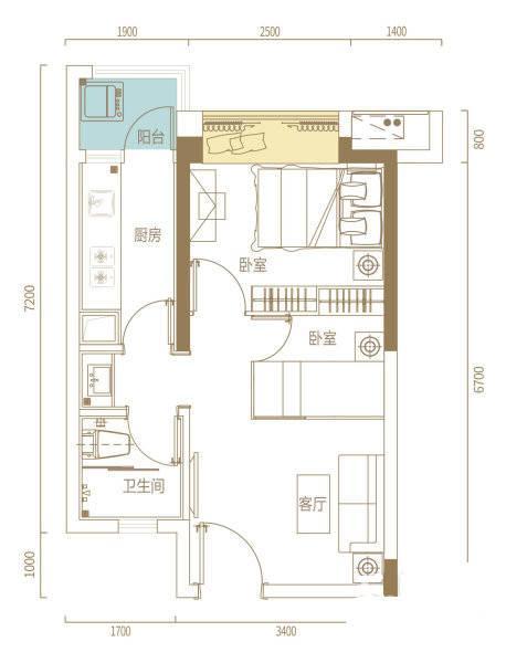 宝晟公馆2室1厅1卫43㎡户型图