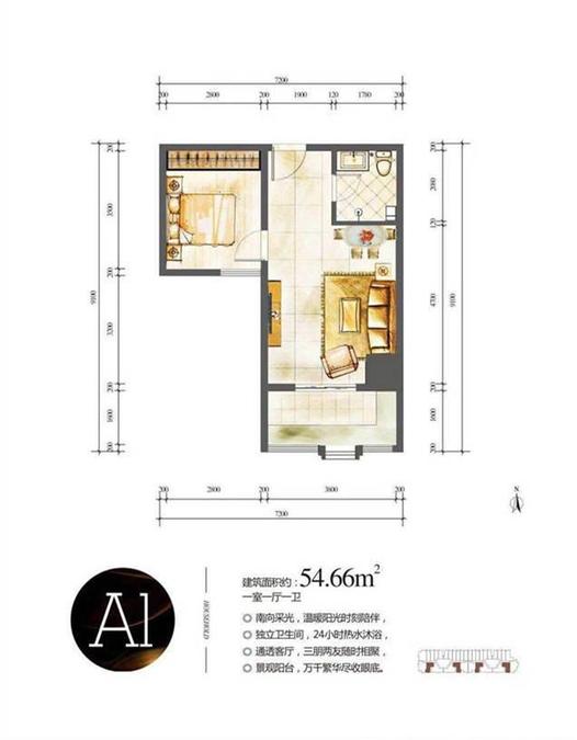 盛龙广场1室1厅1卫54.7㎡户型图