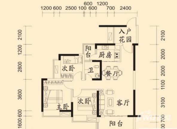 鼎浩城3室2厅1卫88㎡户型图