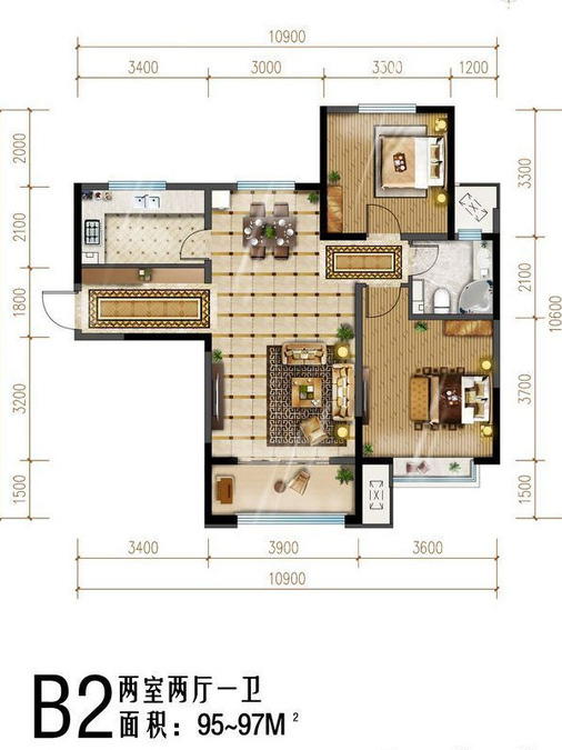 保利西悦春天2室2厅1卫97㎡户型图