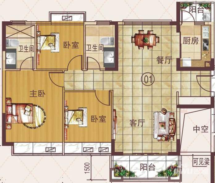 雍翠新城3室2厅2卫121㎡户型图