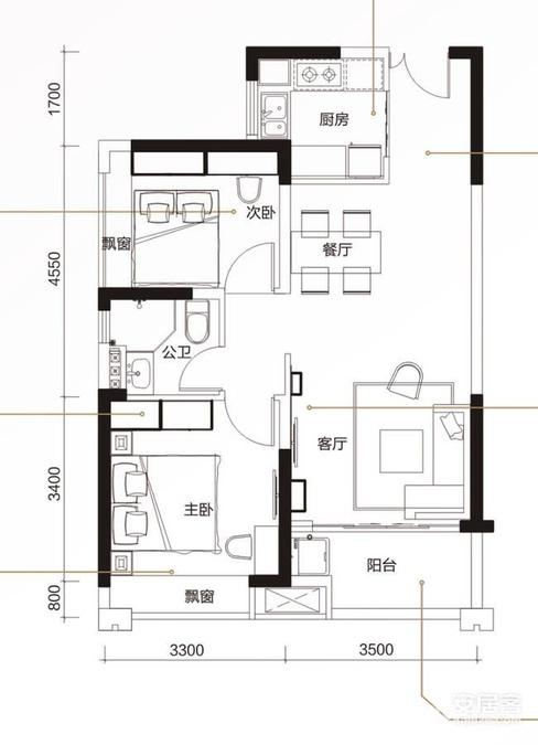 庞源御梓园2室2厅1卫76㎡户型图