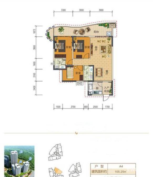 凤岭悦澜3室2厅2卫105.3㎡户型图