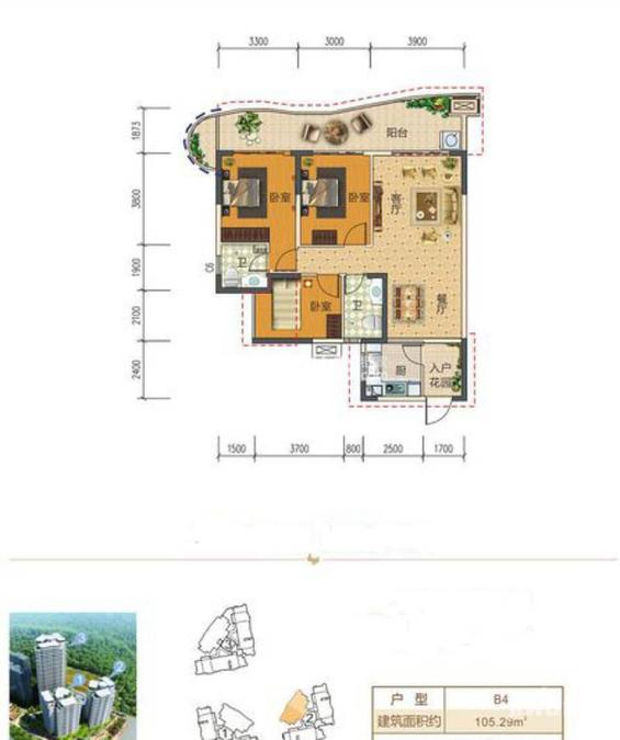 凤岭悦澜3室2厅2卫105.3㎡户型图