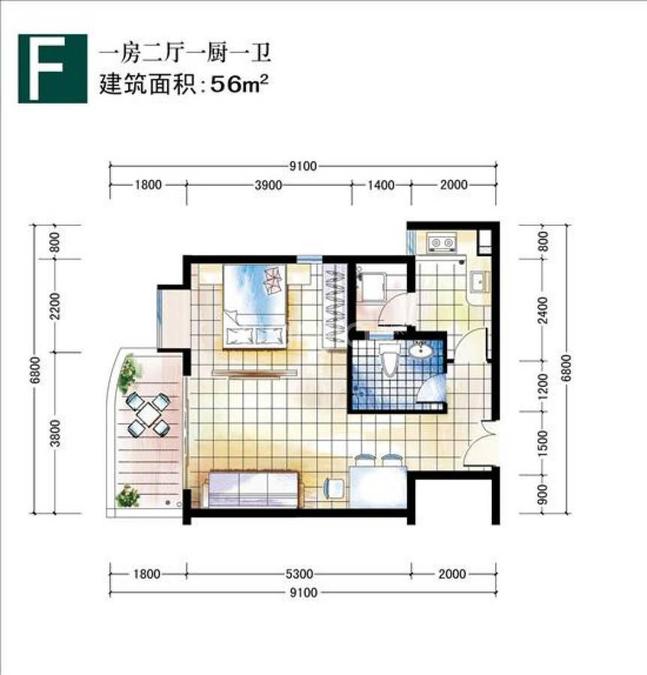 嘉宝花园二期1室2厅1卫56㎡户型图