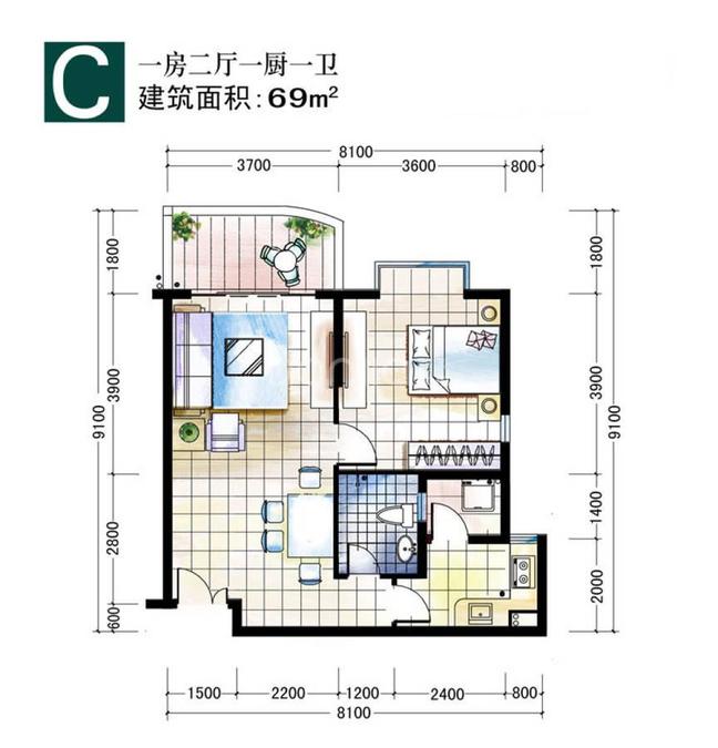 嘉宝花园二期1室2厅1卫69㎡户型图