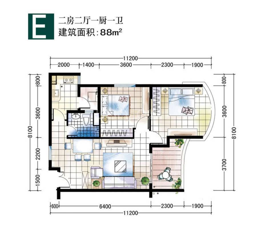 嘉宝花园二期2室2厅1卫88㎡户型图