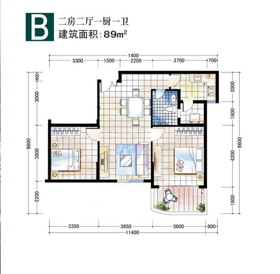 嘉宝花园二期2室2厅1卫89㎡户型图