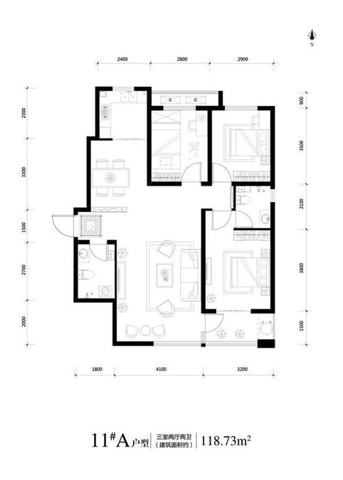 皓顺华悦城3室2厅2卫118.7㎡户型图