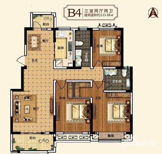 中建柒号院二期怡园3室2厅2卫133.9㎡户型图